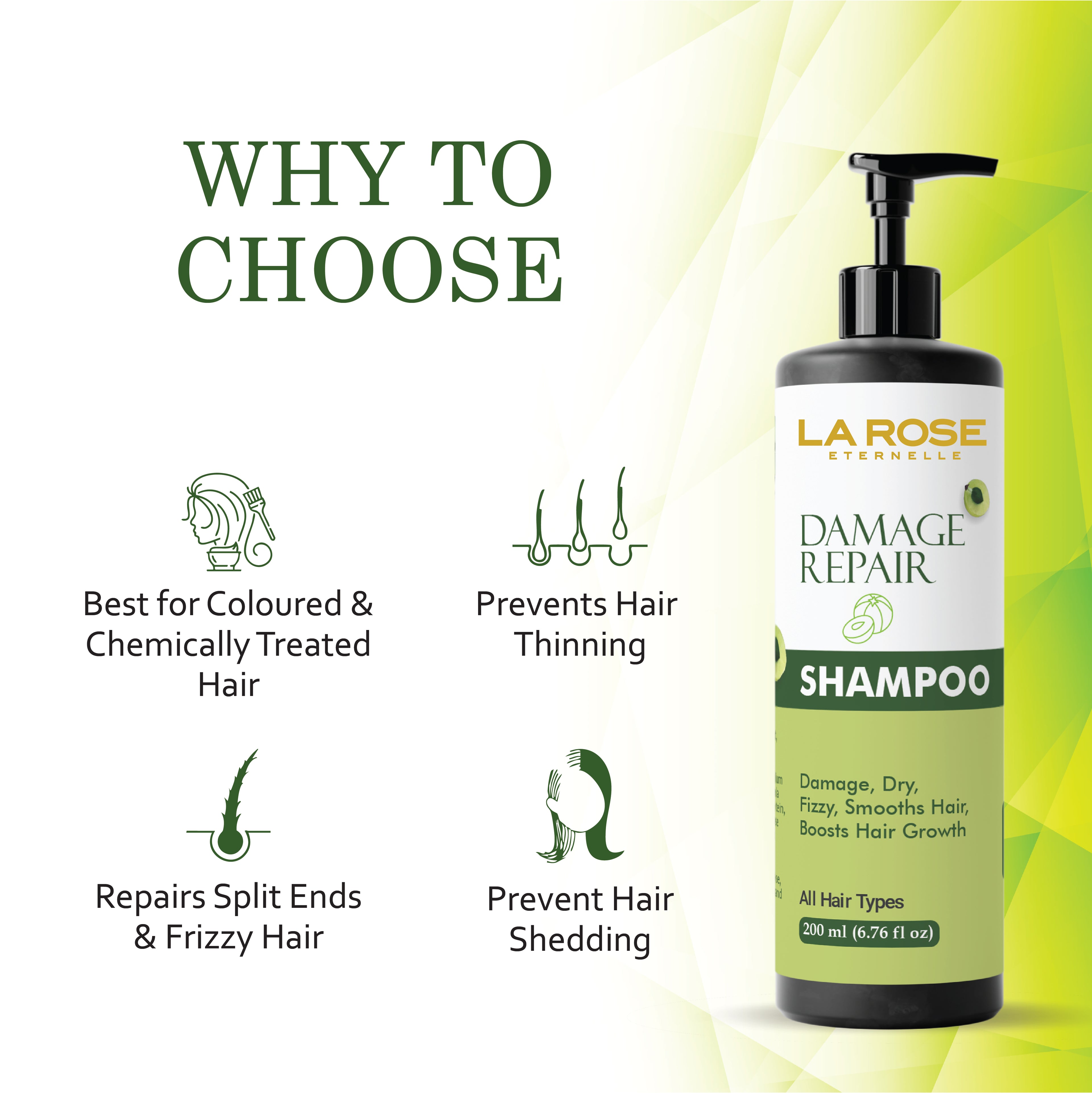 La Rose Eternelle Damage Repair Shampoo for All Hair Types, Dry and Frizzy Hair Treatment, Smooths Hair, Boosts Growth, 200ml