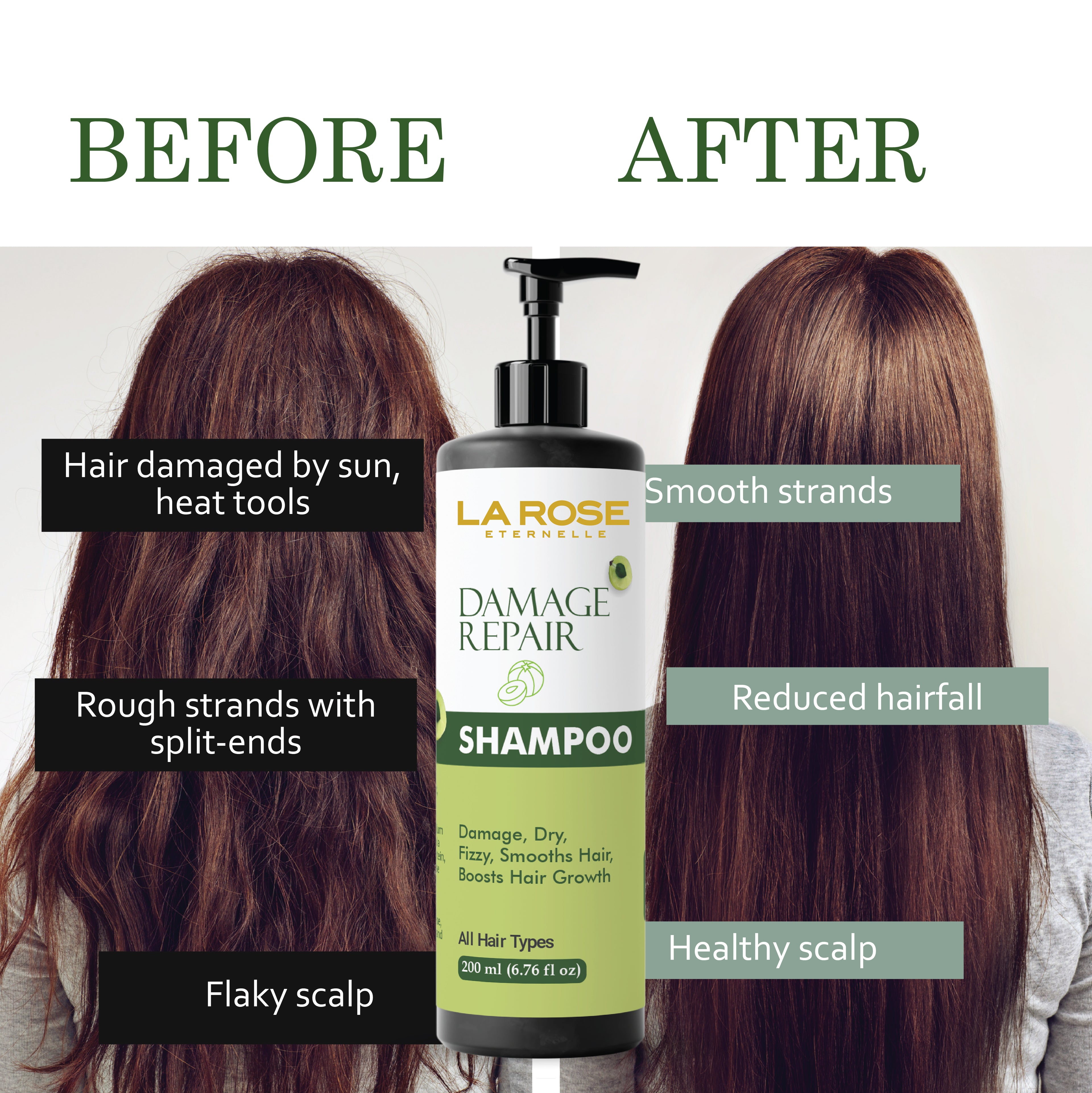 La Rose Eternelle Damage Repair Shampoo for All Hair Types, Dry and Frizzy Hair Treatment, Smooths Hair, Boosts Growth, 200ml